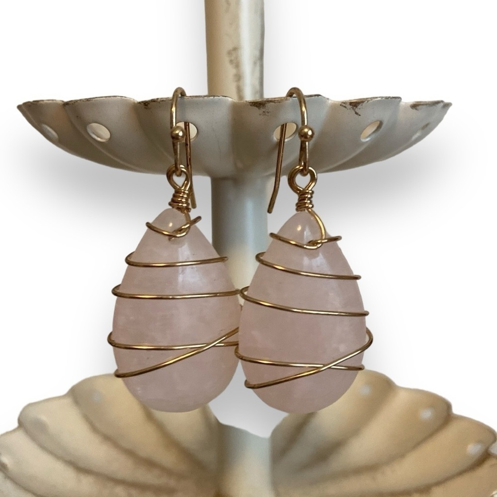 Rose Quartz Earrings Wire Wrapped Goldtone Pink